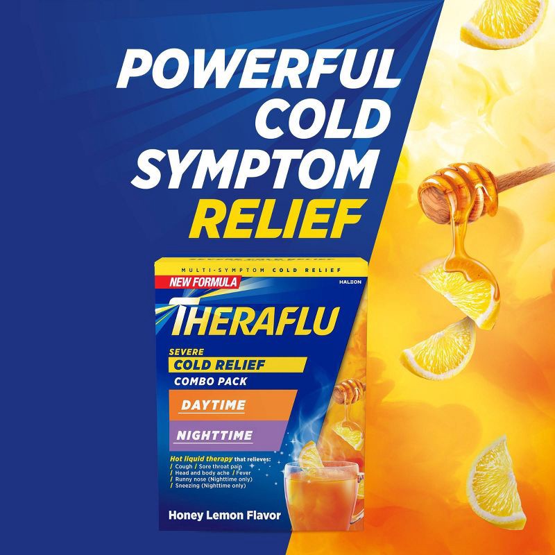 slide 3 of 9, Theraflu Multi-Symptom Severe Cold Relief Day & Night Powder - Honey Lemon​ - 12ct, 12 ct