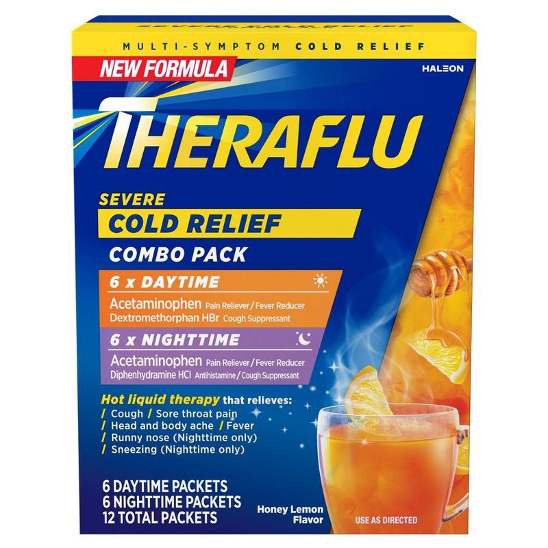 slide 1 of 10, Theraflu Acetaminophen Multi-Symptom Severe Cold Day/Night Powder - Honey Lemon - 12ct, 12 ct