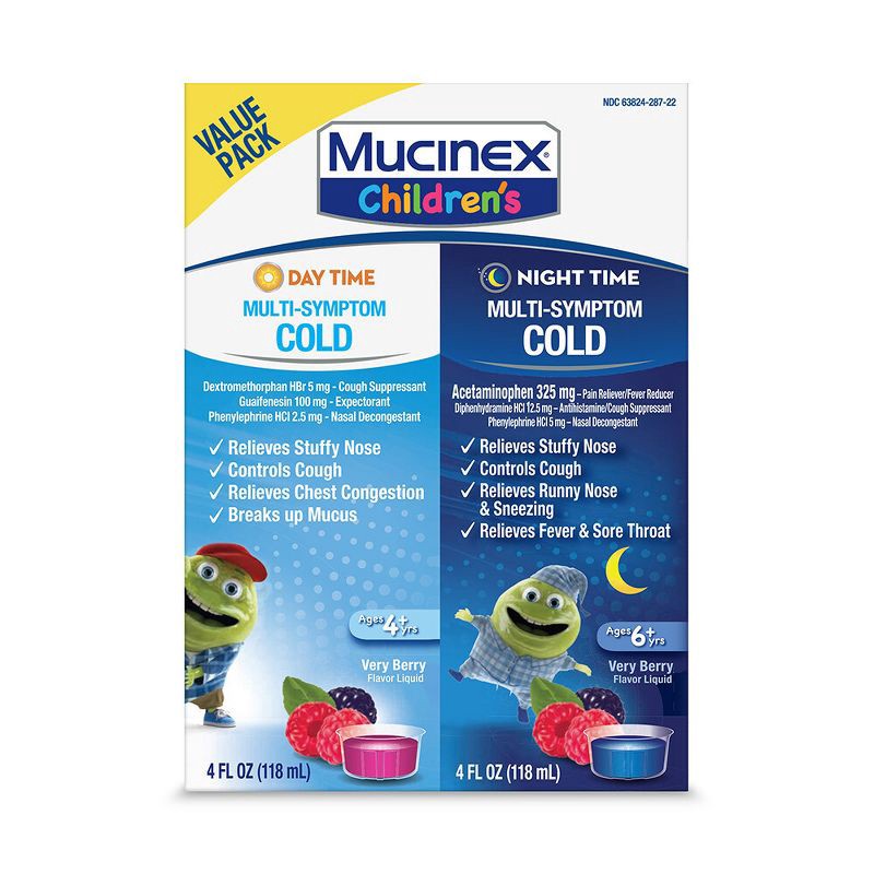 slide 1 of 10, Mucinex Children's Multi-Sympton Cold Medicine - Day & Night - Liquid - 4 fl oz/2ct, 2 ct; 4 fl oz