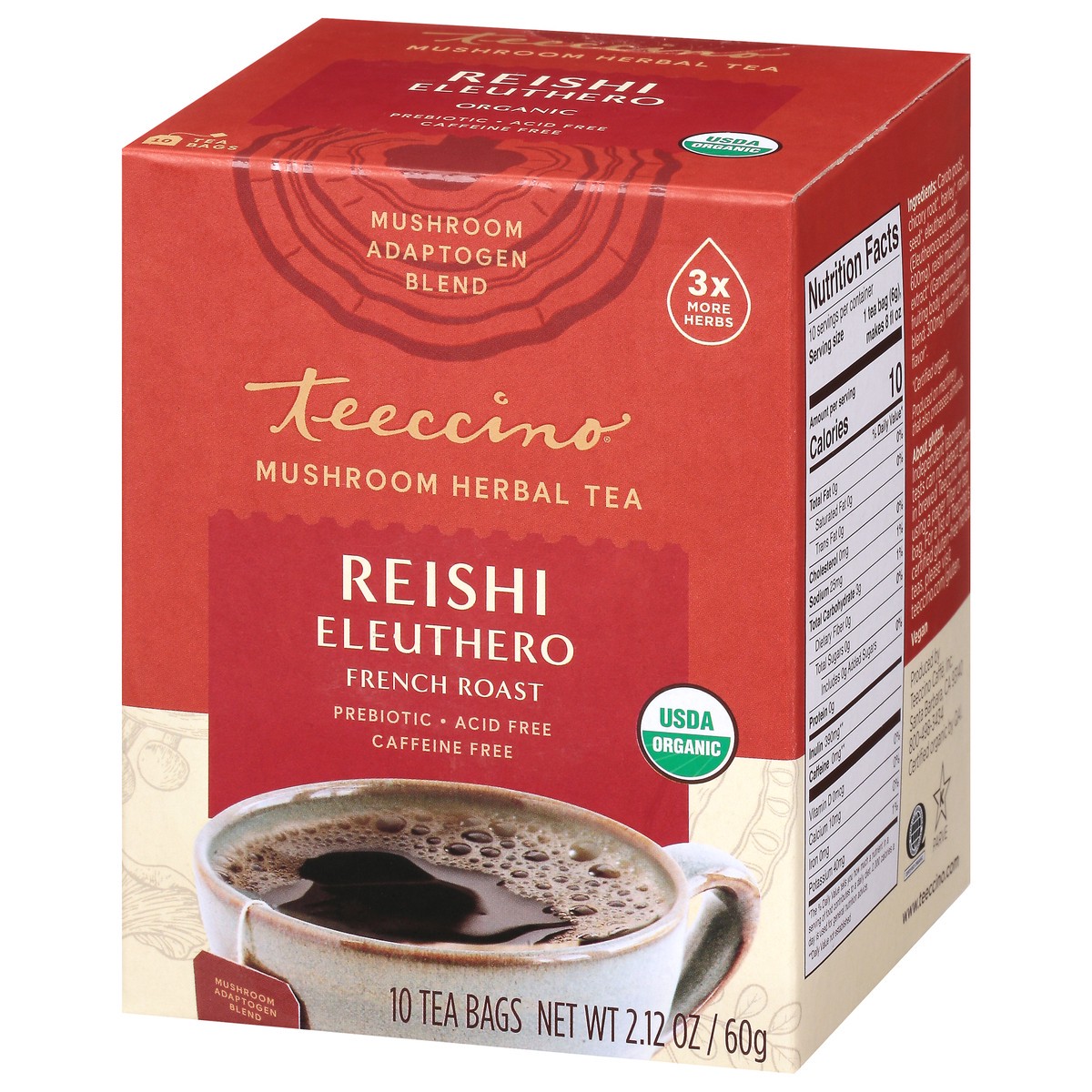 slide 3 of 9, Teeccino French Roast Mushroom Tea Bags Reishi Eleuthero Herbal Tea 10 ea, 10 ct