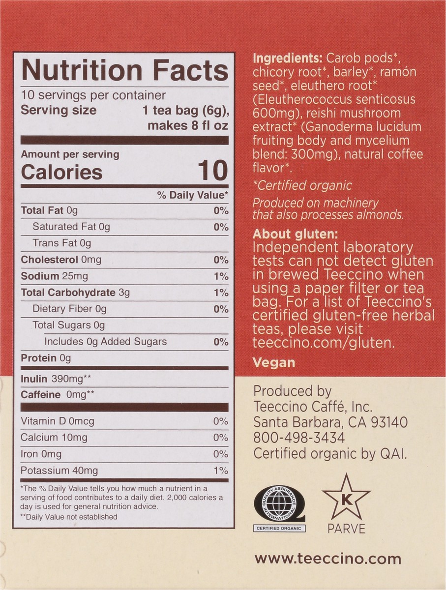 slide 8 of 9, Teeccino French Roast Mushroom Tea Bags Reishi Eleuthero Herbal Tea 10 ea, 10 ct