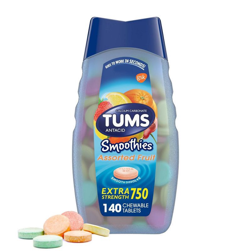 slide 1 of 9, Tums Extra Strength Smoothies Assorted Fruit Antacid Chewable Tablets - 140ct, 140 ct