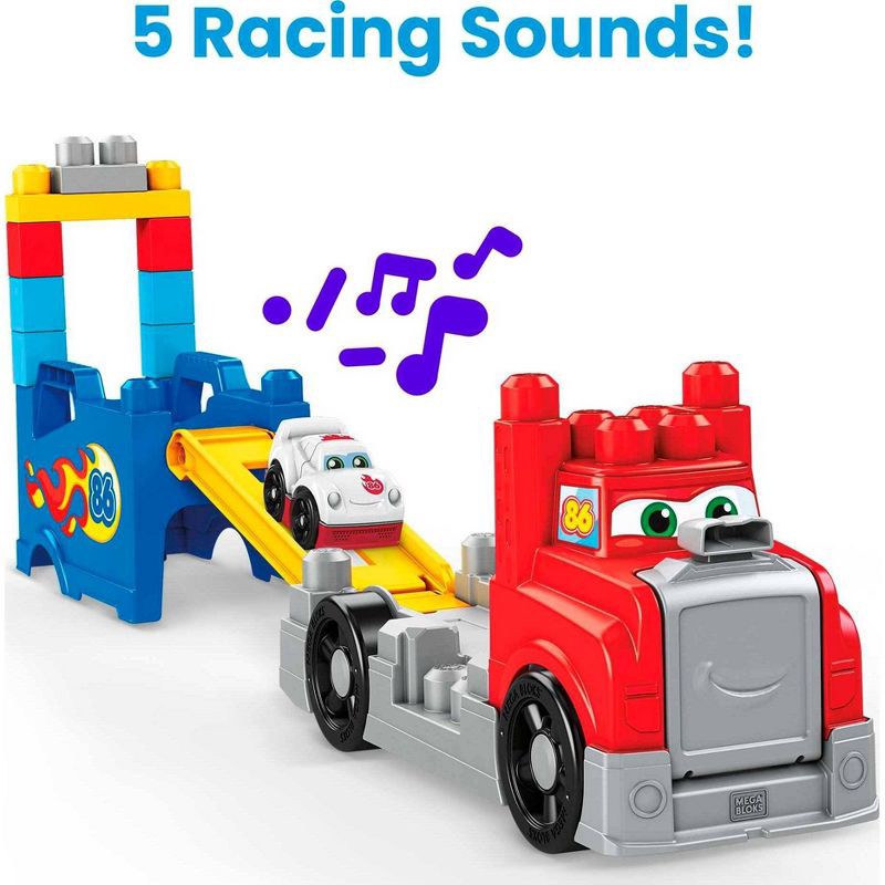 slide 3 of 9, MEGA BLOKS Build&Race Rig Preschool Racing Themed Building Block Set with Buildable Big Rig Plus Race Car with Real Sounds and Stunt Race Track, 1 ct