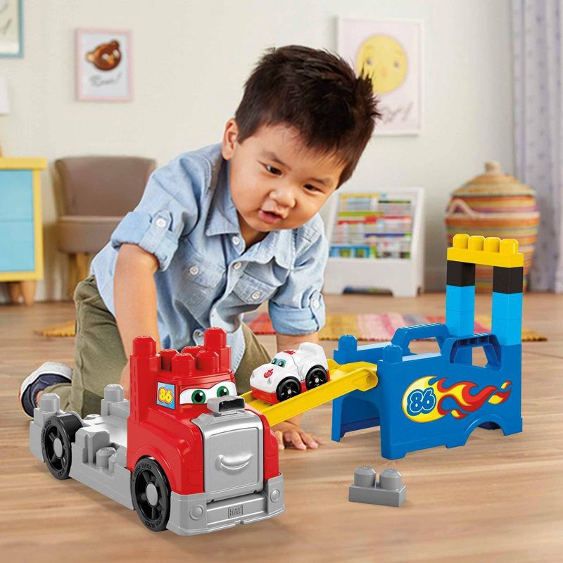 slide 6 of 9, MEGA BLOKS Build&Race Rig Preschool Racing Themed Building Block Set with Buildable Big Rig Plus Race Car with Real Sounds and Stunt Race Track, 1 ct