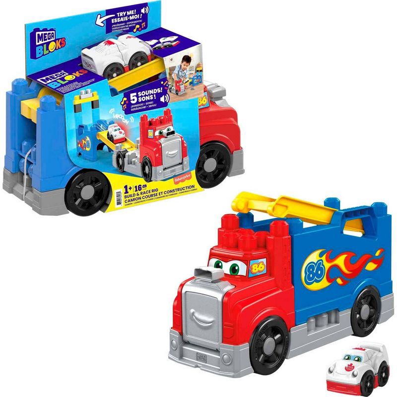 slide 1 of 9, MEGA BLOKS Build&Race Rig Preschool Racing Themed Building Block Set with Buildable Big Rig Plus Race Car with Real Sounds and Stunt Race Track, 1 ct