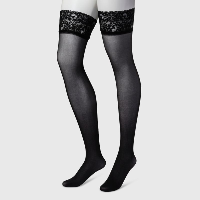 slide 2 of 3, Hanes Premium Women's Back Seam Thigh Highs - Black M: Elastic Leg Opening, Sheer Knit Stockings, 1 ct