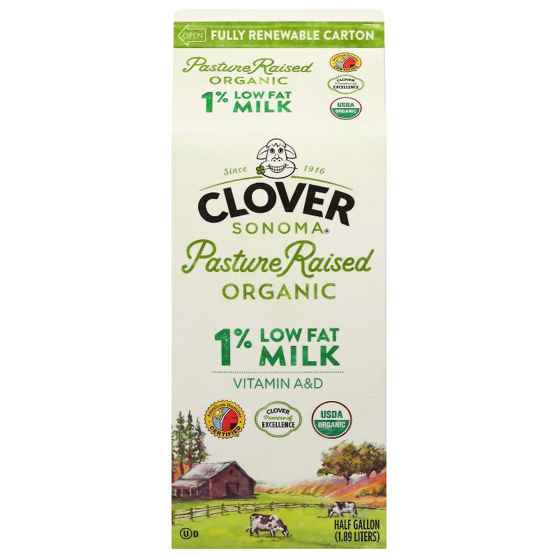 slide 2 of 2, Clover Sonoma Clover Organic Farms 1% Milk - 0.5gal, 1/2 gal