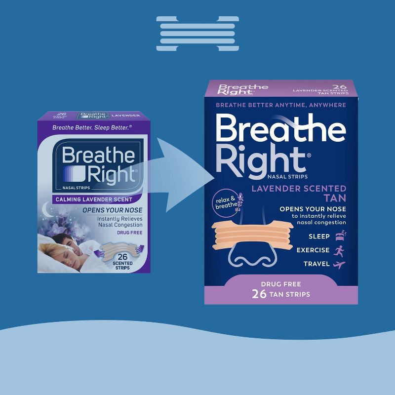 slide 3 of 6, Breathe Right Lavender Scented Drug-Free Nasal Strips for Congestion Relief - 26ct, 26 ct