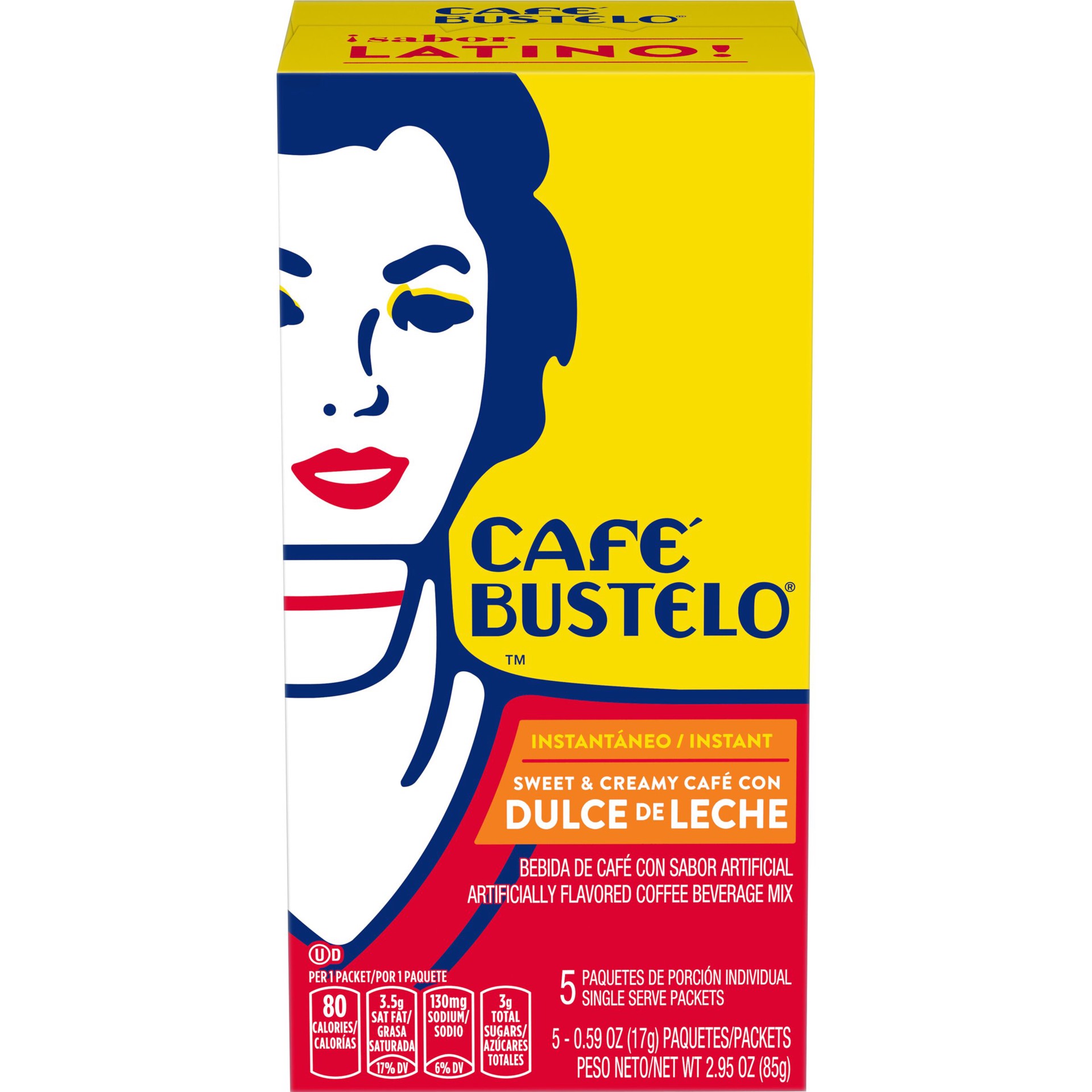 slide 1 of 9, Café Bustelo Café con Dulce de Leche Flavored Instant Coffee Drink Single Serve Packets, 5 Count, 2.95 oz