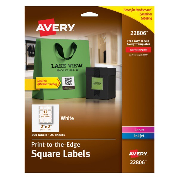 slide 1 of 10, Avery Print-To-The-Edge Easy Peel Labels With TrueBlock, 2 x 2, White, 300 ct