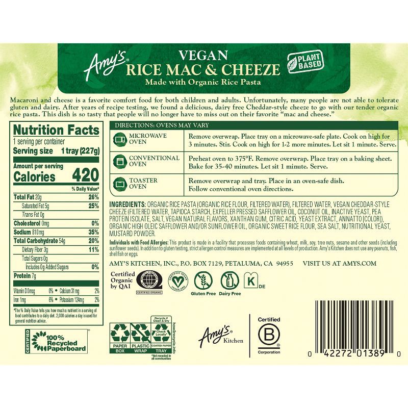 slide 2 of 11, Amy's Organic Gluten Free and Vegan Frozen Rice Macaroni and Cheese - 8oz, 8 oz