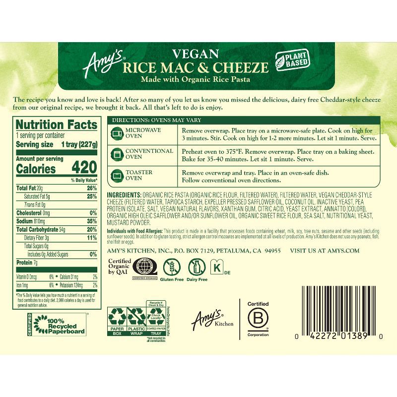 slide 3 of 4, Amy's Organic Gluten Free and Vegan Frozen Rice Macaroni and Cheese - 8oz, 8 oz