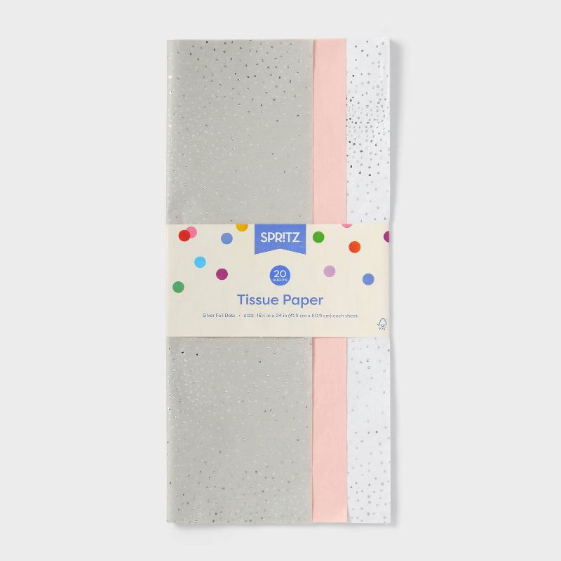 slide 3 of 3, 20ct Foil Dots Gift Wrap Tissue Gray/Pink/White - Spritz™: Wrapping Tissue for All Occasions, 20 Sheets, 20 ct, 20 sheets