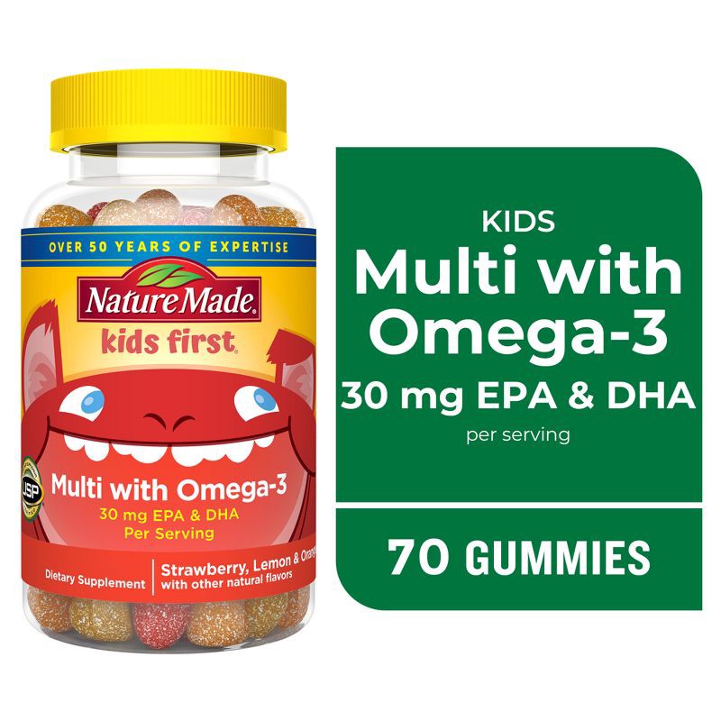 slide 8 of 9, Nature Made Kids First Multi Plus Omega 3 Kids Multivitamin Gummies - Strawberry, Lemon & Orange - 70ct, 70 ct