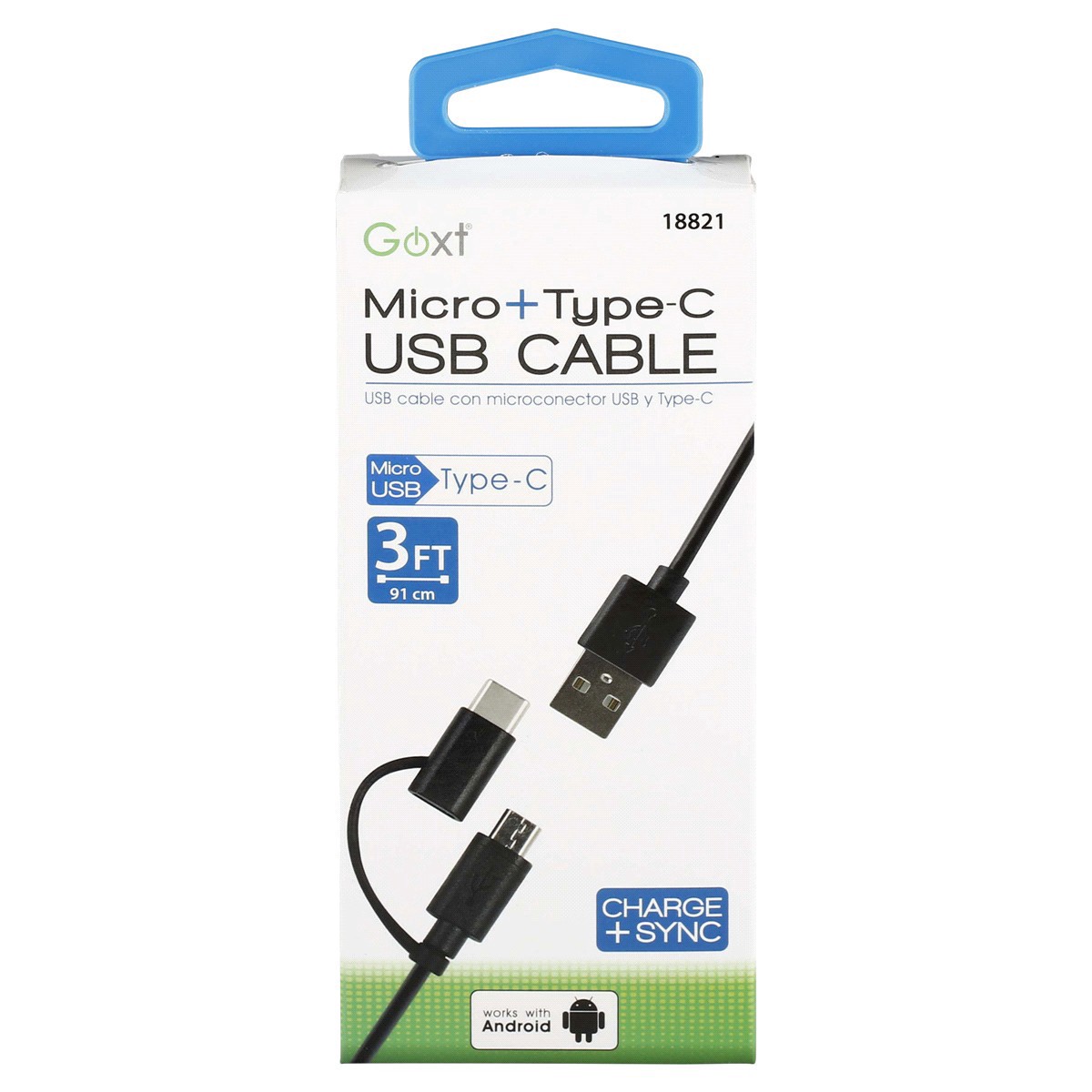 slide 1 of 5, Custom Accessories GoXT 3' Black Micro USB to Type-C Combo Tip Cord, 3 ft