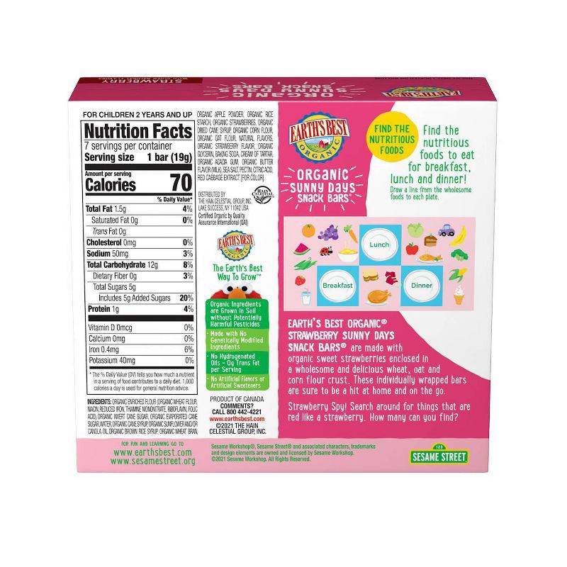 slide 2 of 5, Earth's Best Sesame Street Organic Sunny Days Strawberry Snack Bars - 7ct/0.67oz Each, 7 ct, 0.67 oz