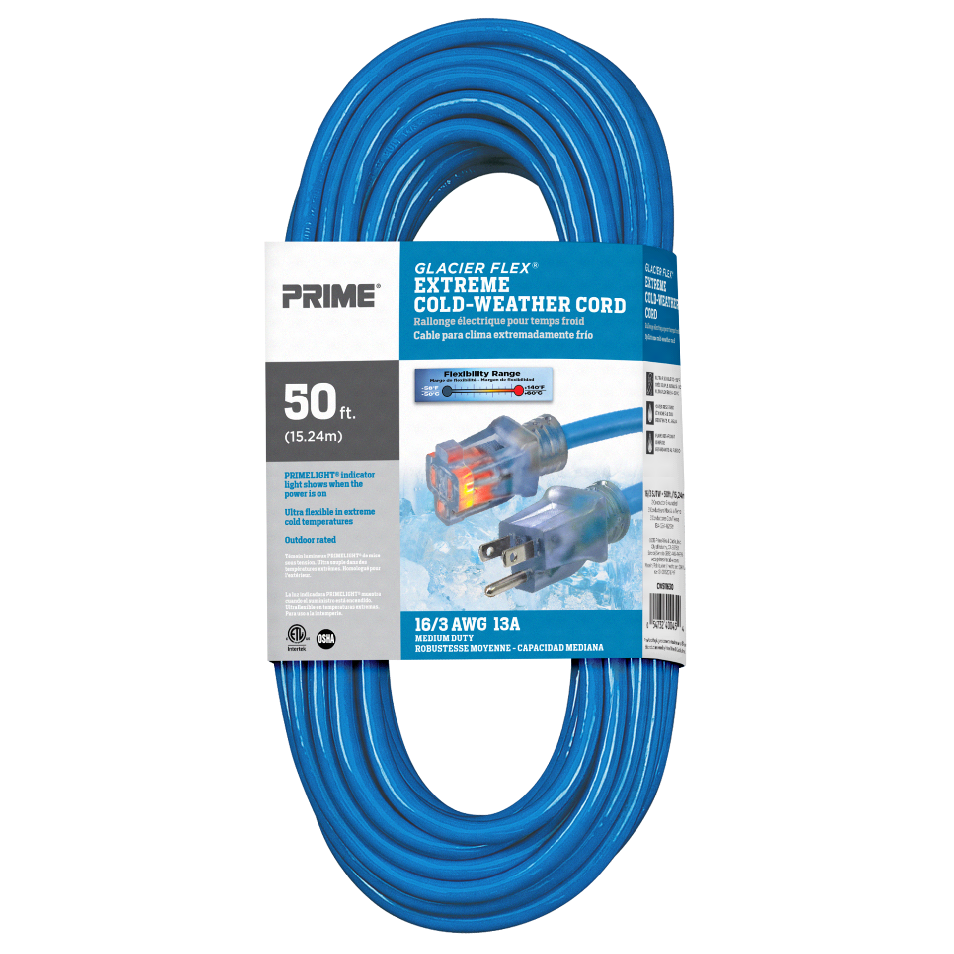 slide 1 of 1, Prime Wire & Cable Glacier Flex Cold Weather Extension Cord - Sjtw 16/3 - 50 Foot, 50 ft