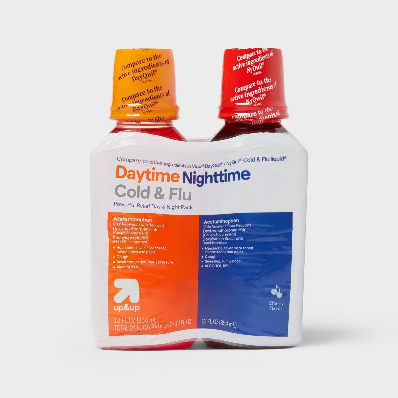 slide 1 of 6, Day/Night Cold & Flu Multi-symptom Relief Liquid - Cherry - 24 fl oz - up&up™, 24 fl oz