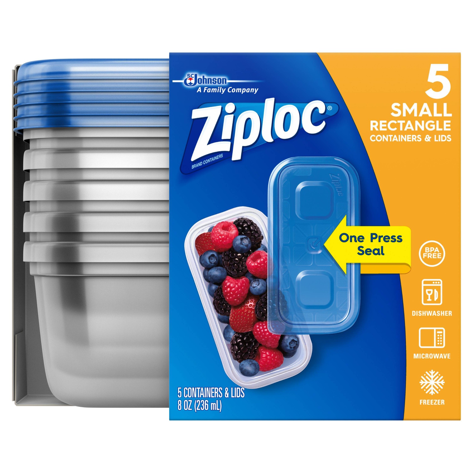 slide 1 of 8, Ziploc Small Rectangle Containers, 5 ct