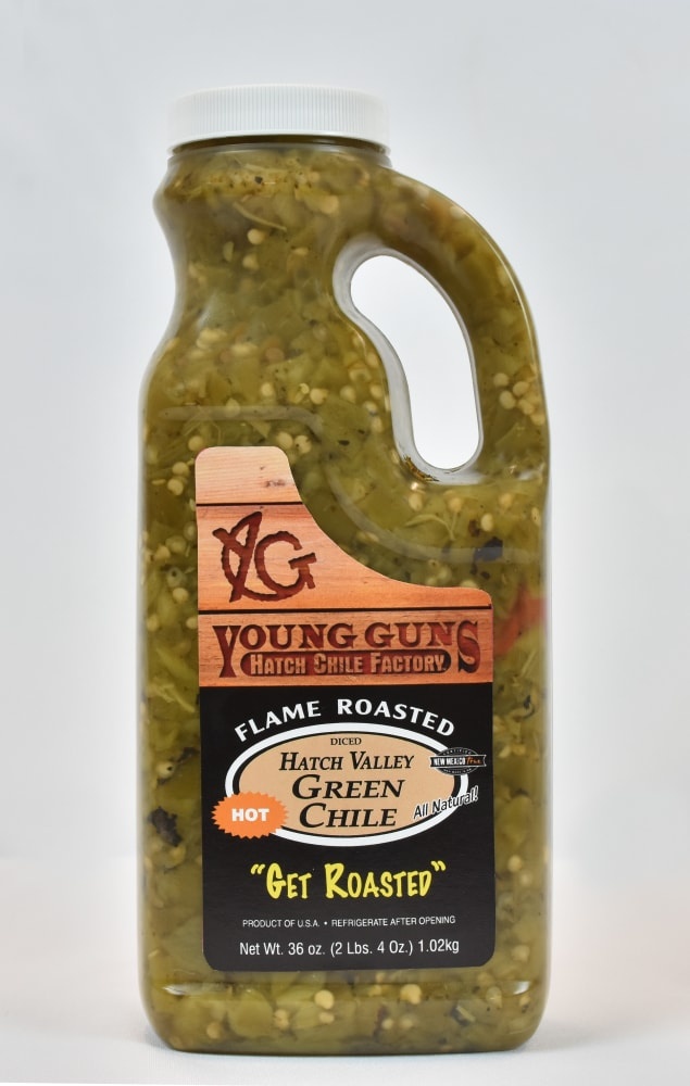 slide 1 of 1, Young Guns Hatch Chile Factory Flame Roasted Hot Diced Green Chile Peppers, 36 oz