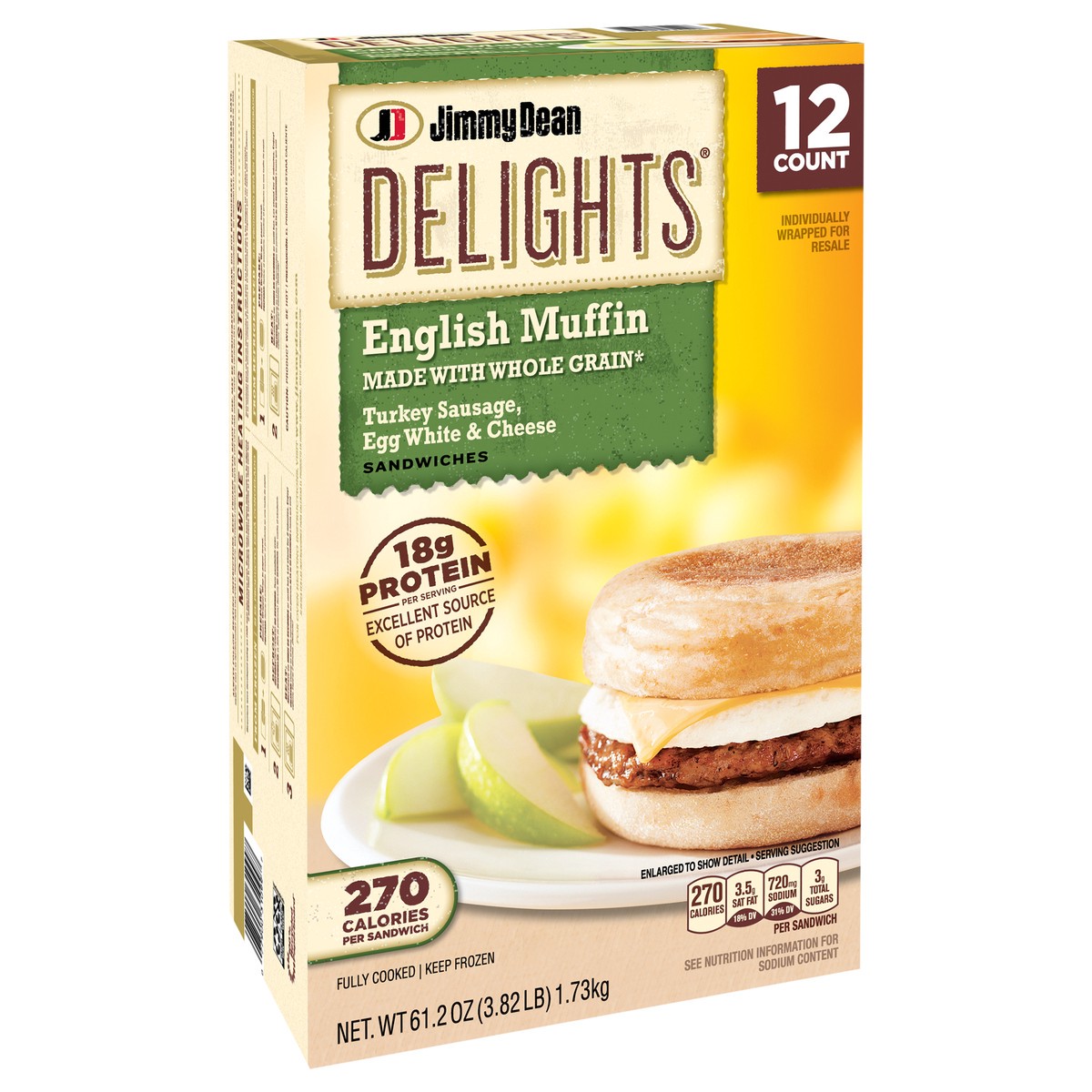 slide 2 of 9, Jimmy Dean Delights English Muffin Breakfast Sandwiches with Turkey Sausage, Egg White, and Cheese, Frozen, 12 Count, 1.74 kg