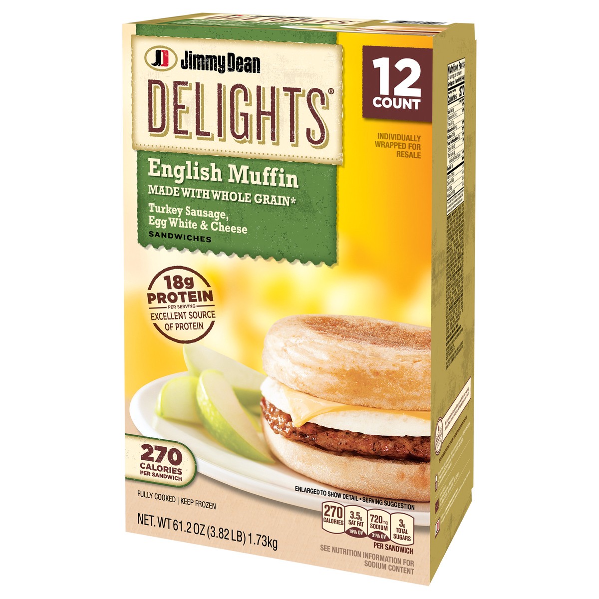 slide 7 of 9, Jimmy Dean Delights English Muffin Breakfast Sandwiches with Turkey Sausage, Egg White, and Cheese, Frozen, 12 Count, 1.74 kg