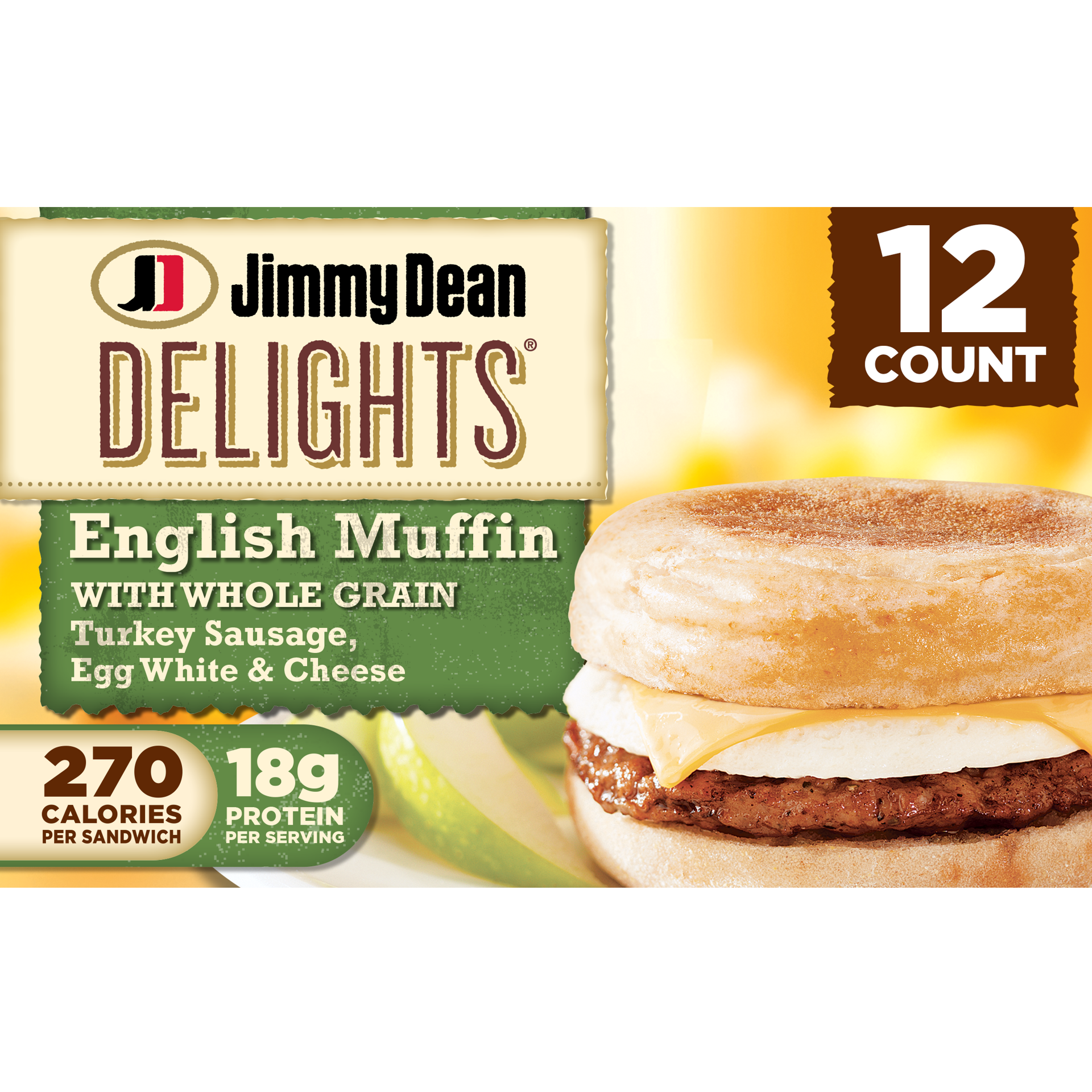 slide 1 of 9, Jimmy Dean Delights English Muffin Breakfast Sandwiches with Turkey Sausage, Egg White, and Cheese, Frozen, 12 Count, 1.74 kg