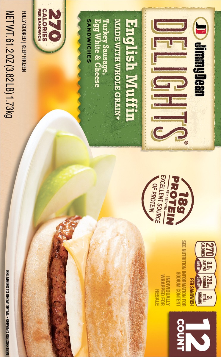 slide 6 of 9, Jimmy Dean Delights English Muffin Breakfast Sandwiches with Turkey Sausage, Egg White, and Cheese, Frozen, 12 Count, 1.74 kg