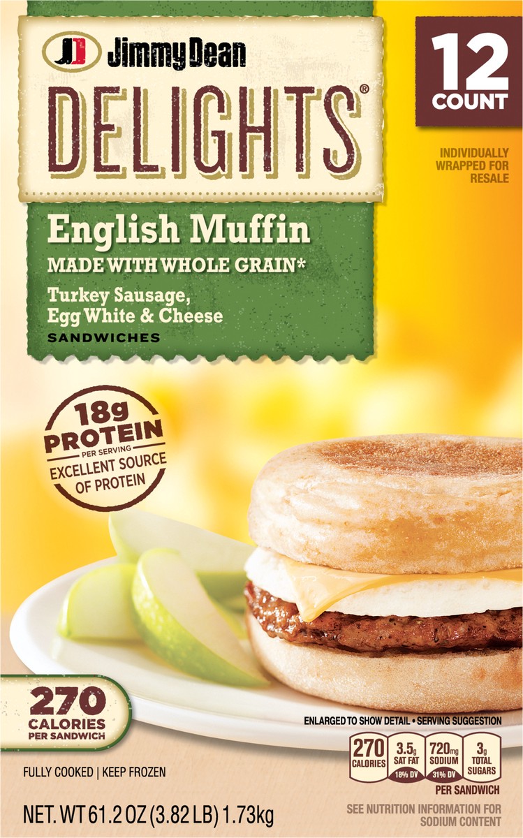 slide 3 of 9, Jimmy Dean Delights English Muffin Breakfast Sandwiches with Turkey Sausage, Egg White, and Cheese, Frozen, 12 Count, 1.74 kg