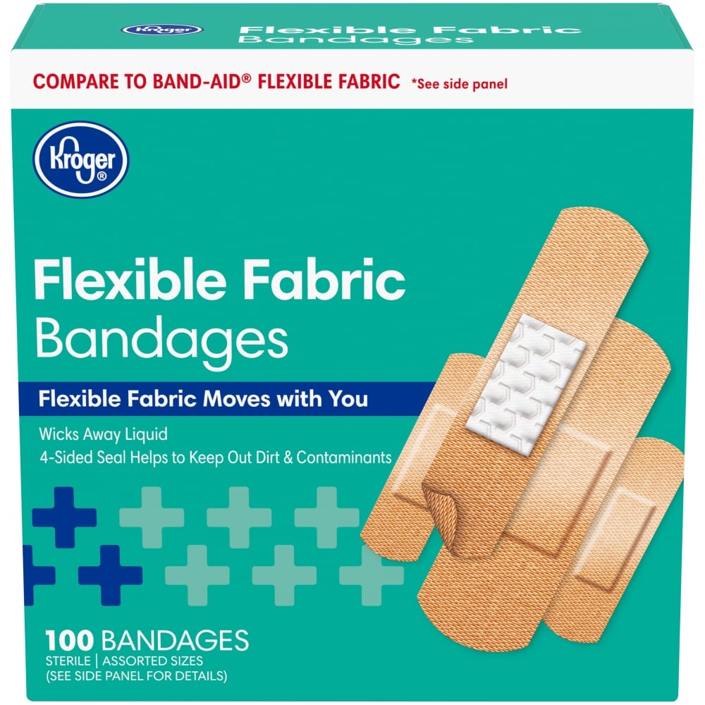 slide 1 of 1, Kroger Fabric Bandages Assorted Sizes, 100 ct