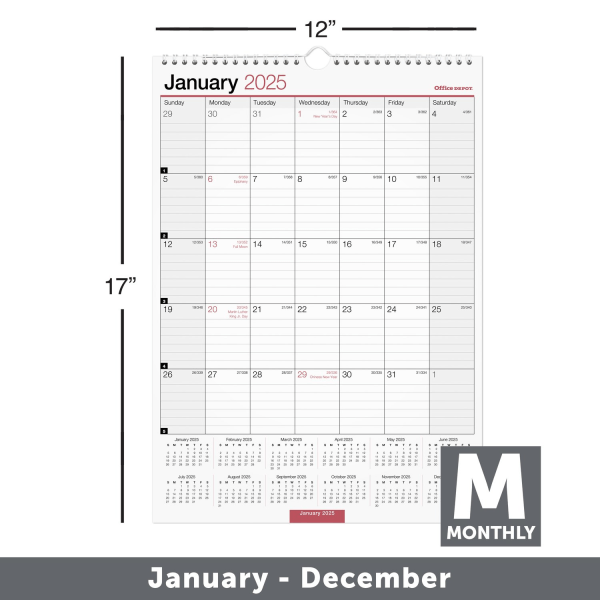 slide 2 of 2, Office Depot 2025 Office Depot Monthly Wall Calendar, 12"" X 17"", Traditional, January 2025 To December 2025, Od30162825, 1 ct