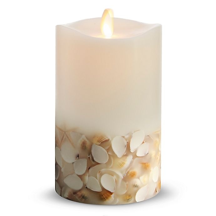 slide 1 of 1, Luminara Seashell Real-Flame Effect Pillar Candle - White, 6 in