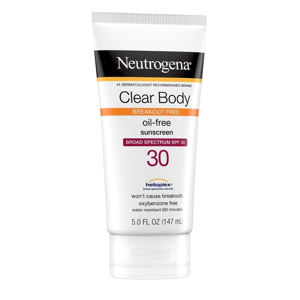 slide 2 of 10, Neutrogena Clear Body Breakout-Free Liquid Sunscreen Lotion for Acne-Prone Skin, Oil-Free Sunscreen, Broad Spectrum SPF 30, Oxybenzone-Free, Fragrance-Free & Non-Comedogenic, 5 fl oz