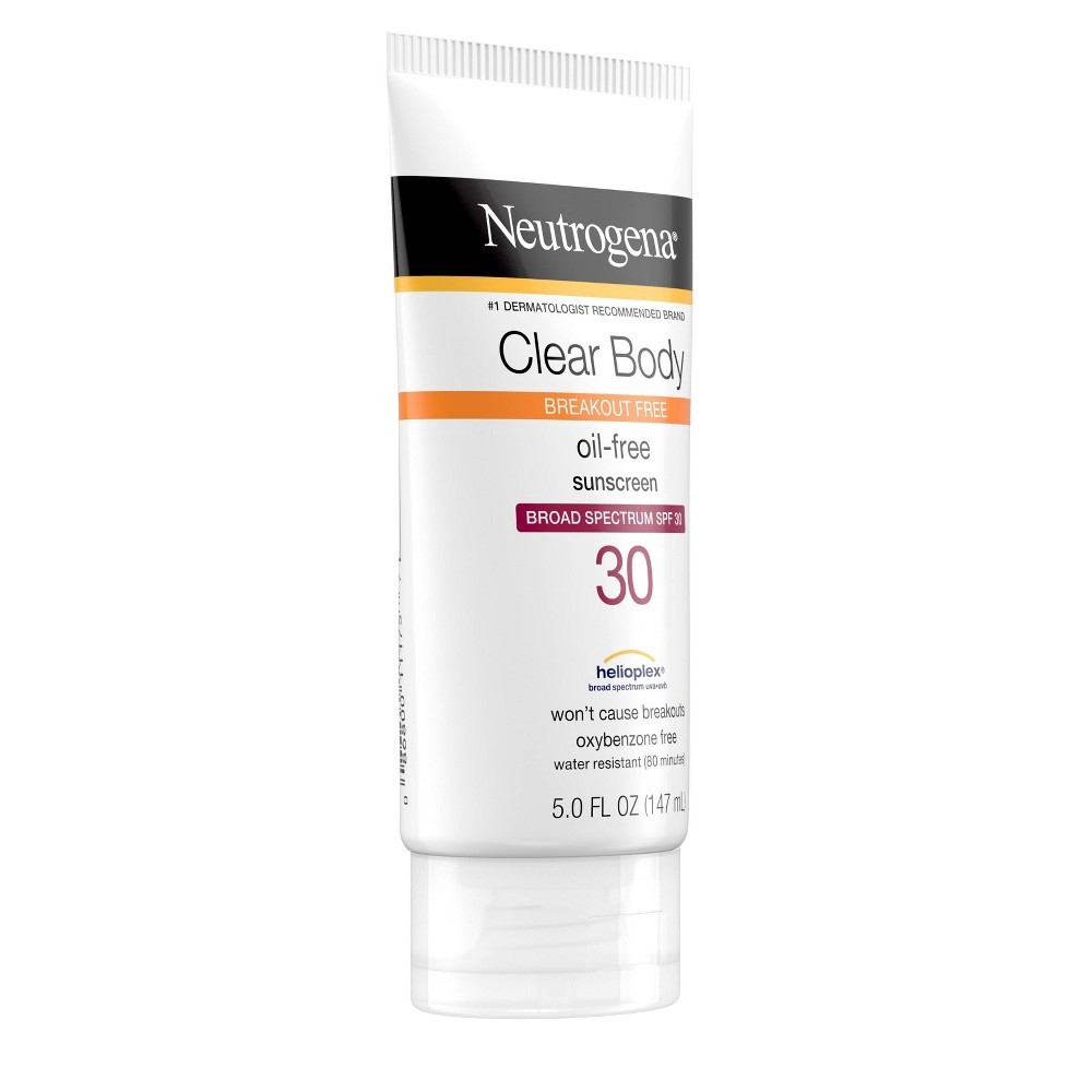 slide 3 of 10, Neutrogena Clear Body Breakout-Free Liquid Sunscreen Lotion for Acne-Prone Skin, Oil-Free Sunscreen, Broad Spectrum SPF 30, Oxybenzone-Free, Fragrance-Free & Non-Comedogenic, 5 fl oz