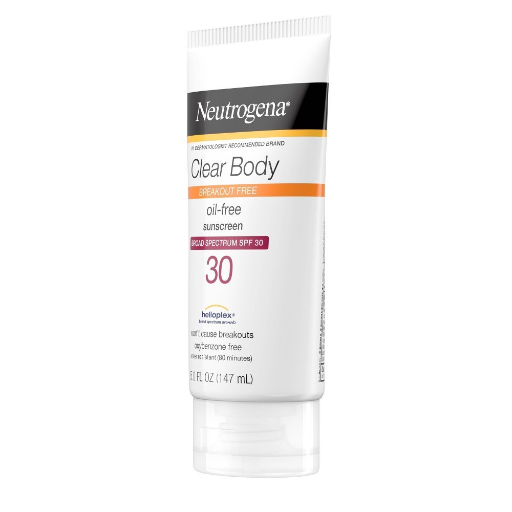 slide 9 of 10, Neutrogena Clear Body Breakout-Free Liquid Sunscreen Lotion for Acne-Prone Skin, Oil-Free Sunscreen, Broad Spectrum SPF 30, Oxybenzone-Free, Fragrance-Free & Non-Comedogenic, 5 fl oz