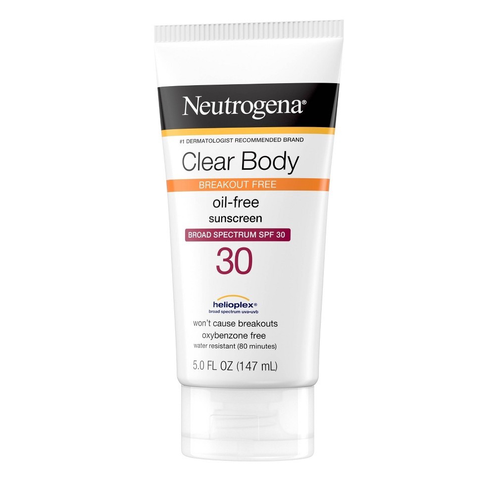 slide 10 of 10, Neutrogena Clear Body Breakout-Free Liquid Sunscreen Lotion for Acne-Prone Skin, Oil-Free Sunscreen, Broad Spectrum SPF 30, Oxybenzone-Free, Fragrance-Free & Non-Comedogenic, 5 fl oz