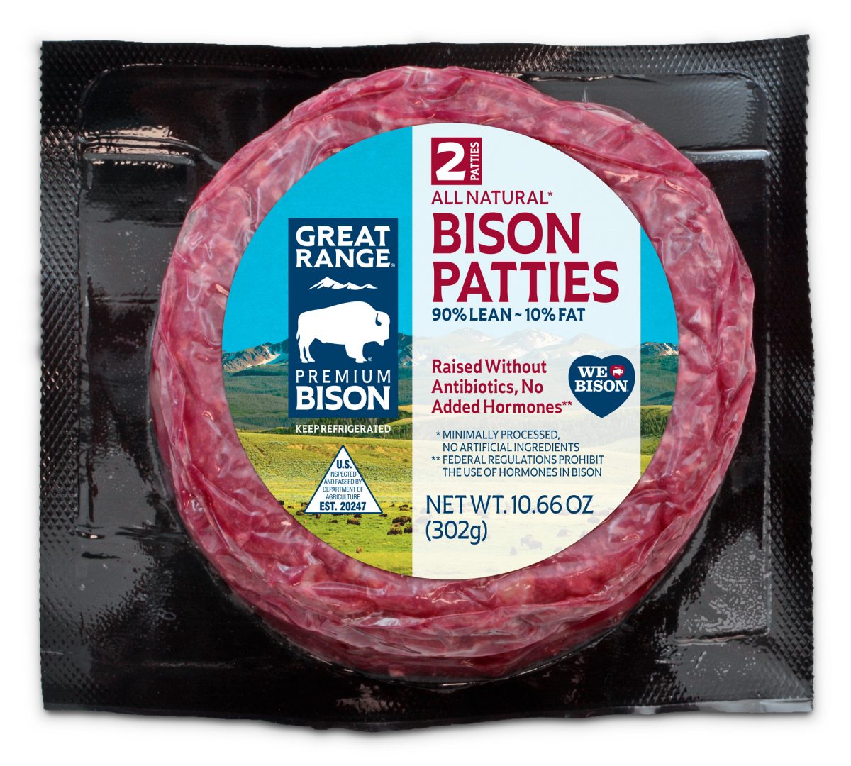 slide 1 of 1, Great Range Premium Fresh Bison Patties 90% Lean/10% Fat, 2 Pk, 10.66 oz Pkg., 2 ct; 10.66 oz