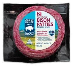 Great Range Premium Fresh Bison Patties 90% Lean/10% Fat, 2 Pk, 10.66 Oz Pkg.