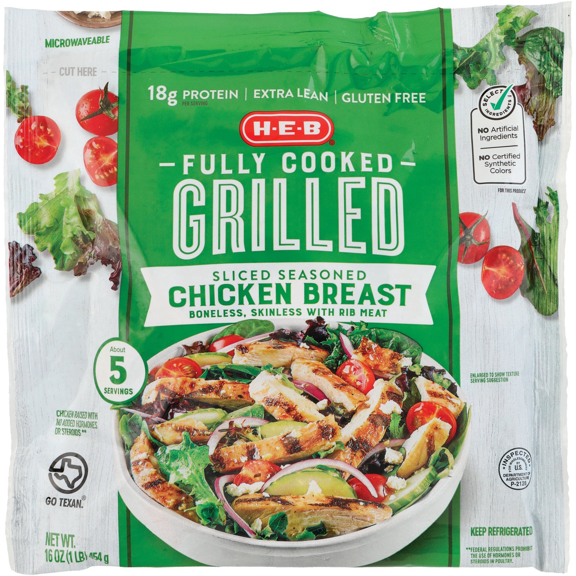 slide 1 of 1, H-E-B Fully Cooked Sliced & Seasoned Grilled Chicken Breast, 16 oz