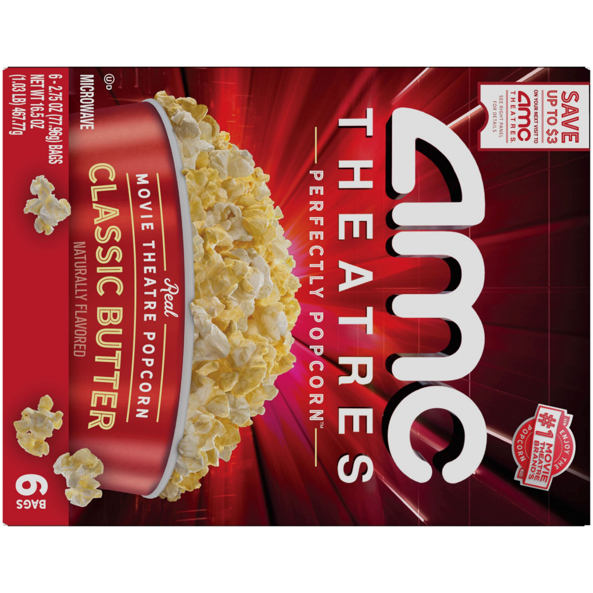 slide 1 of 13, AMC Theatres Microwave Popcorn 6ct, Classic Butter, 6 ct