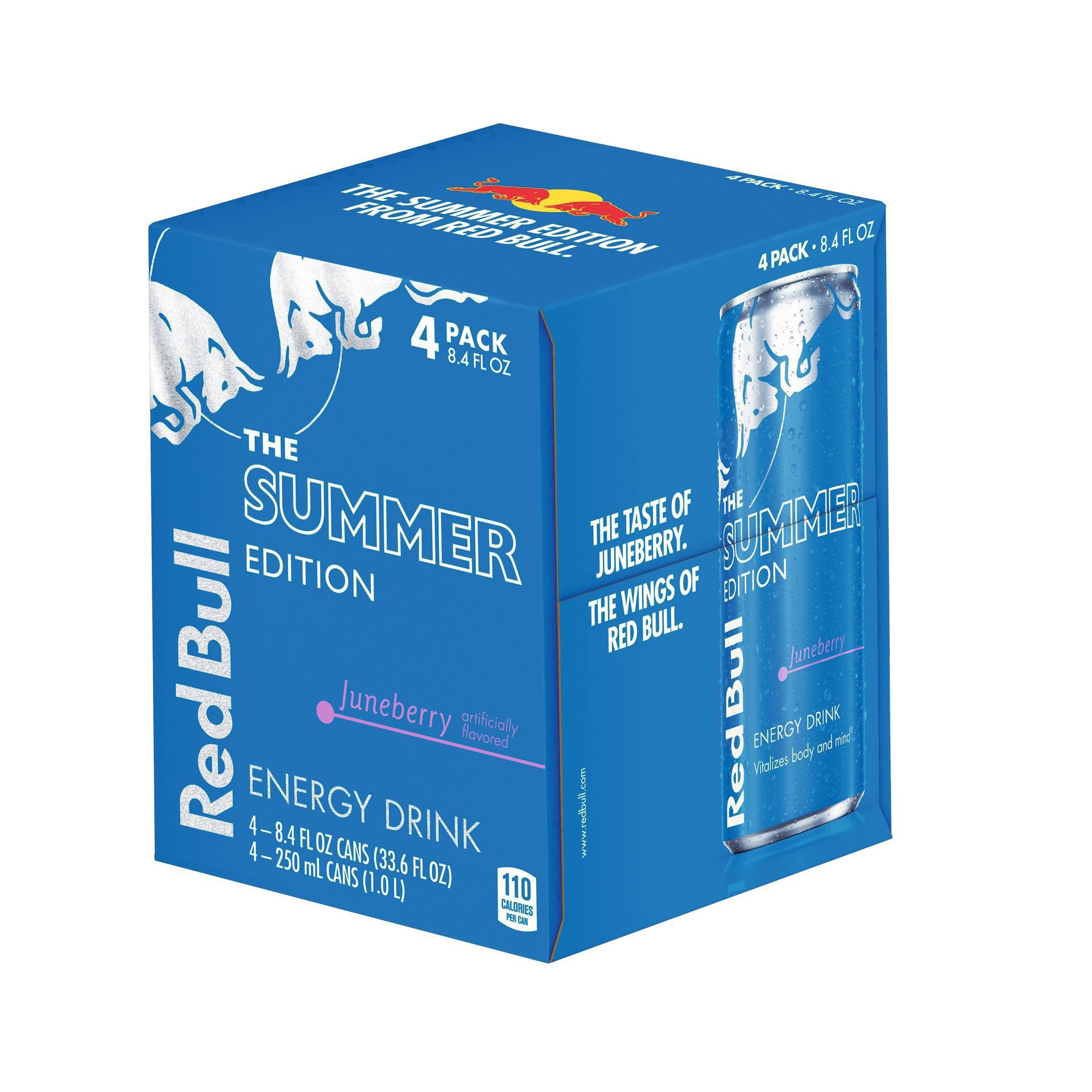 slide 4 of 15, Red Bull Sea Blue Edition Energy Drink, Juneberry, 80mg Caffeine, 8.4 fl oz, Pack of 4 Cans, 4 ct; 8.4 fl oz