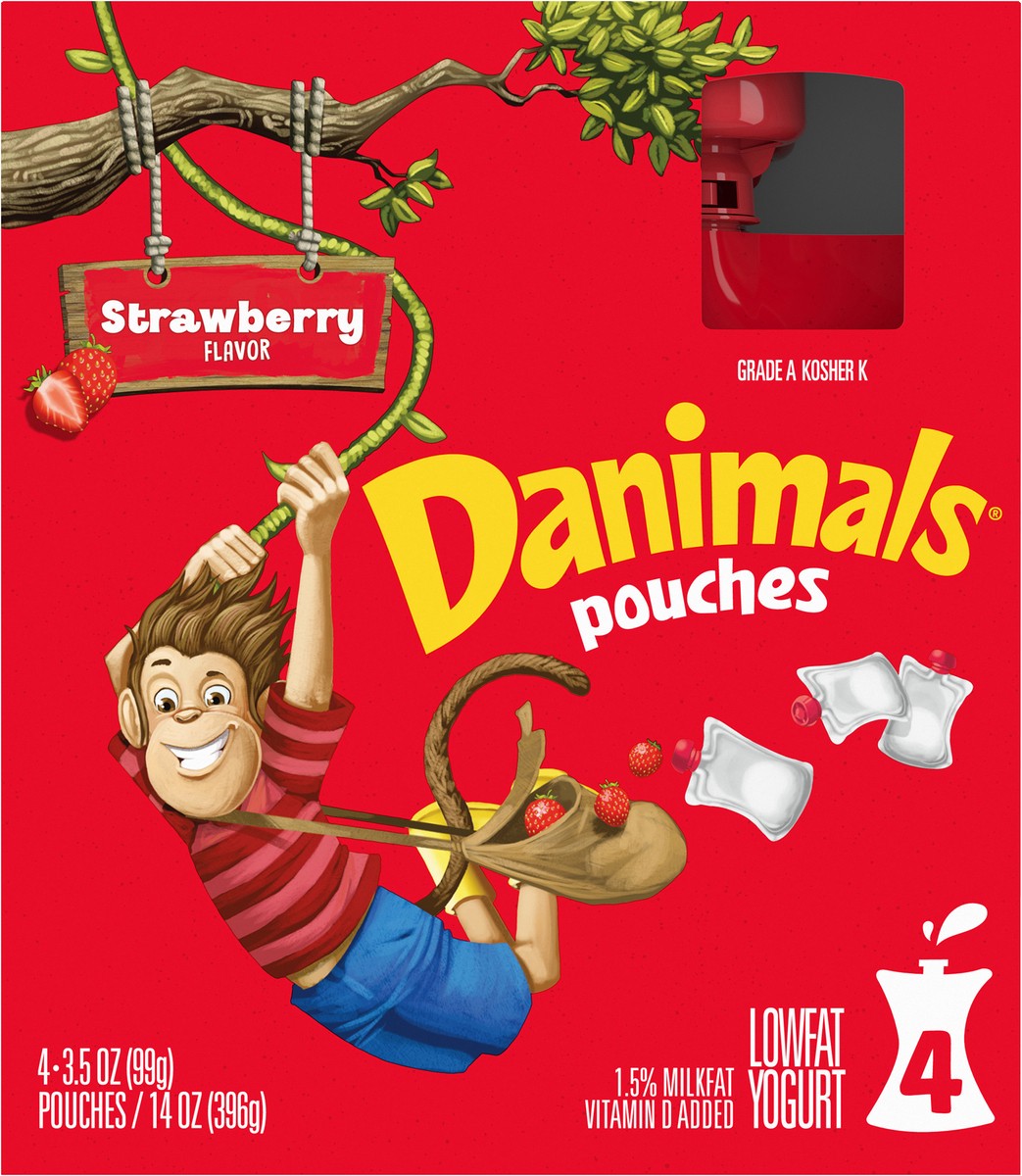 slide 5 of 11, Danimals Pouches Strawberry Squeezable Low Fat Yogurt, Easy Snacks for Kids, 4 Ct, 3.5 OZ Yogurt Pouches, 3.5 oz