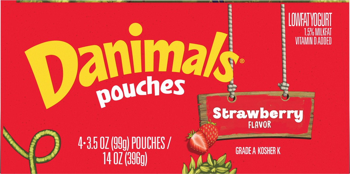 slide 8 of 11, Danimals Pouches Strawberry Squeezable Low Fat Yogurt, Easy Snacks for Kids, 4 Ct, 3.5 OZ Yogurt Pouches, 3.5 oz