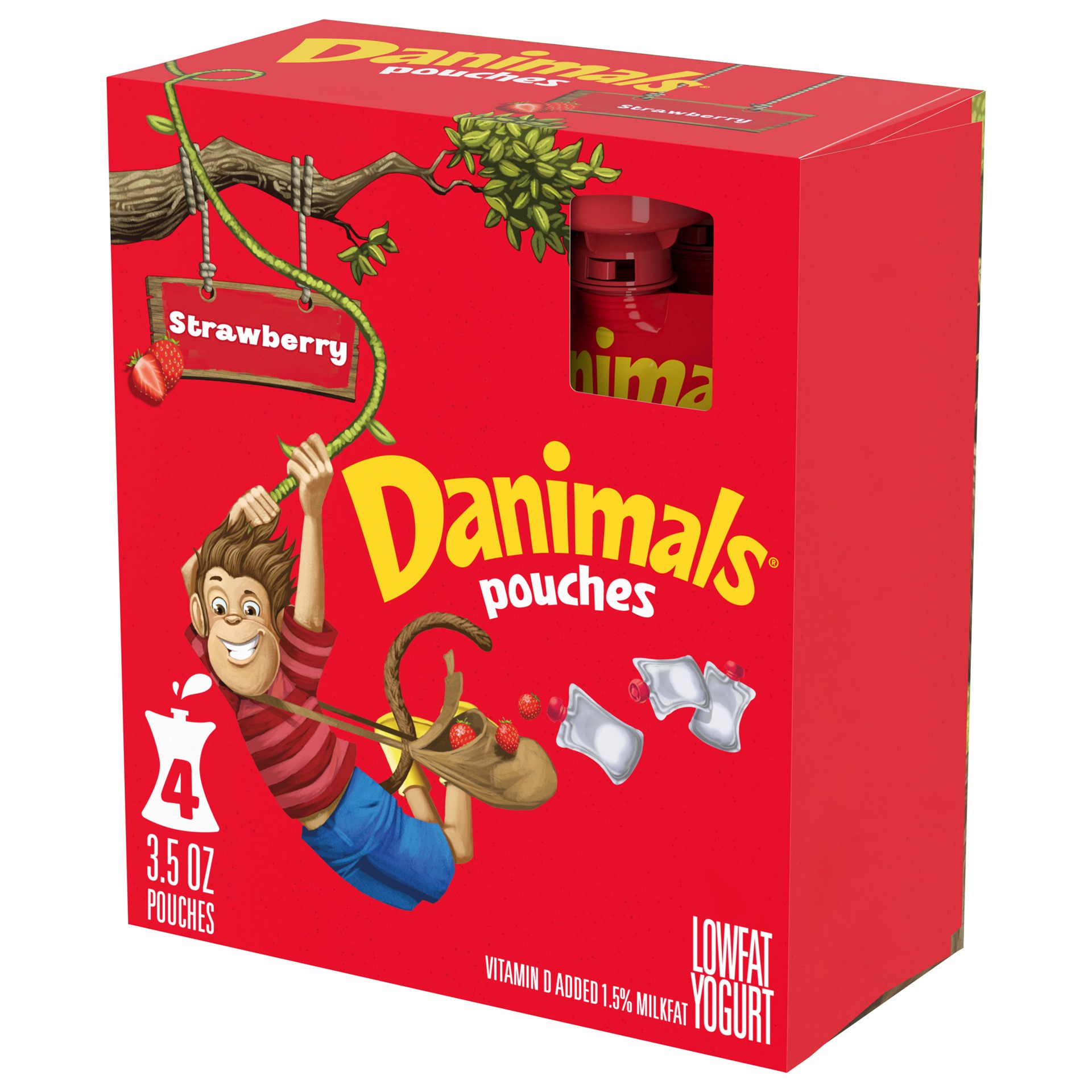 slide 1 of 11, Danimals Pouches Strawberry Squeezable Low Fat Yogurt, Easy Snacks for Kids, 4 Ct, 3.5 OZ Yogurt Pouches, 3.5 oz