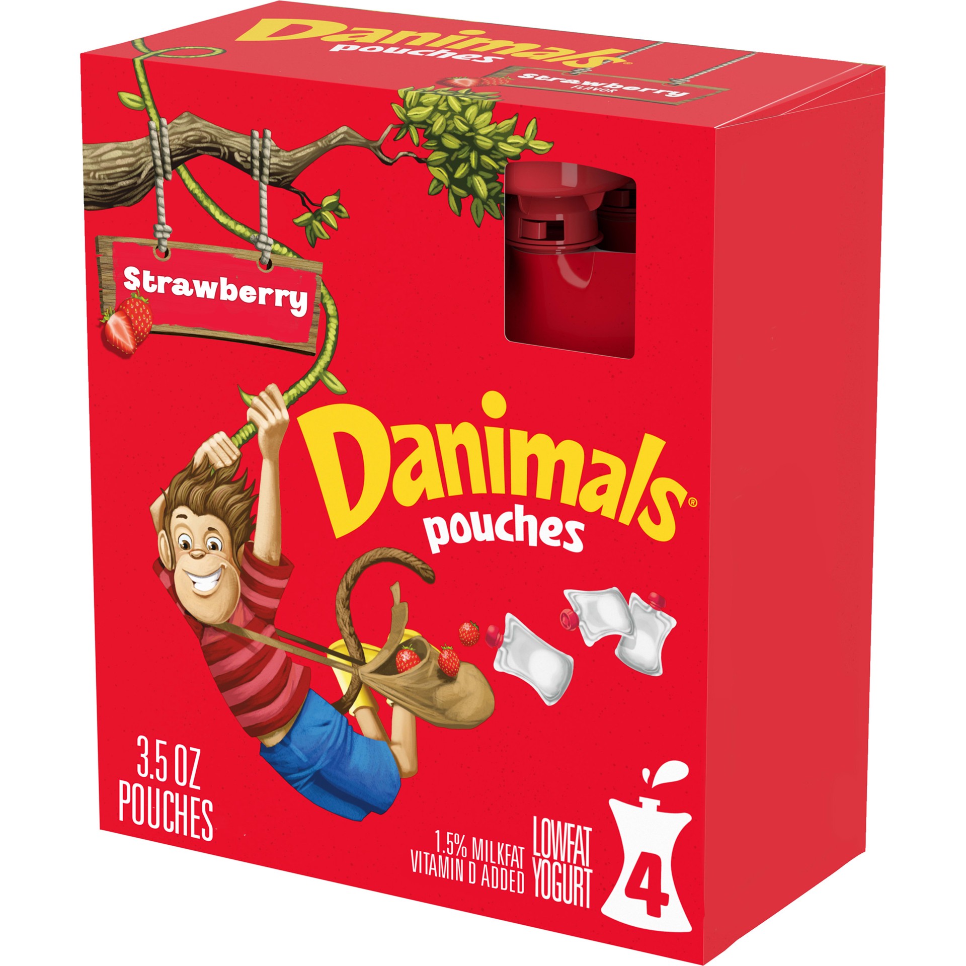 slide 1 of 11, Danimals Pouches Strawberry Squeezable Low Fat Yogurt, Easy Snacks for Kids, 4 Ct, 3.5 OZ Yogurt Pouches, 3.5 oz