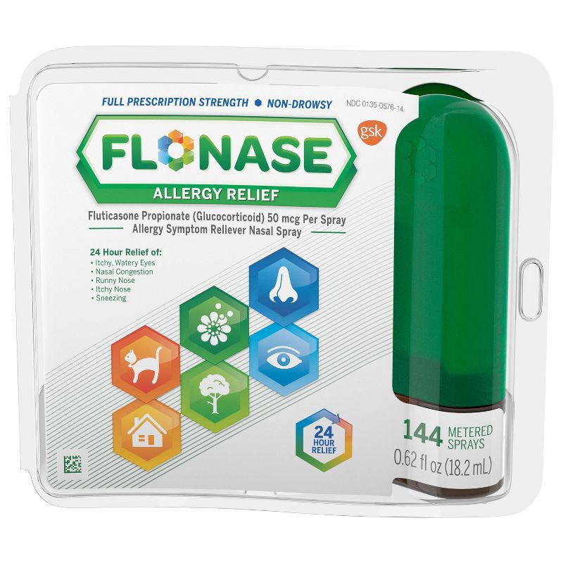 slide 1 of 8, Flonase Allergy Relief Nasal Spray - Fluticasone Propionate - 144ct/0.62 fl oz, 144 ct, 0.62 fl oz