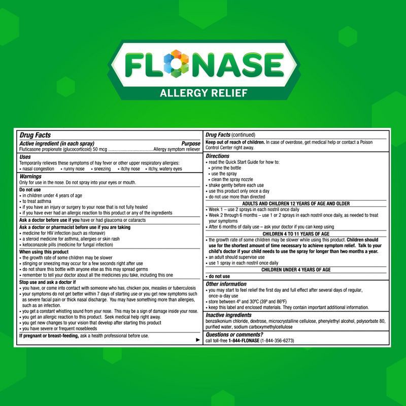 slide 7 of 9, Flonase Allergy Relief Nasal Spray - Fluticasone Propionate - 144ct/0.62 fl oz, 144 ct, 0.62 fl oz