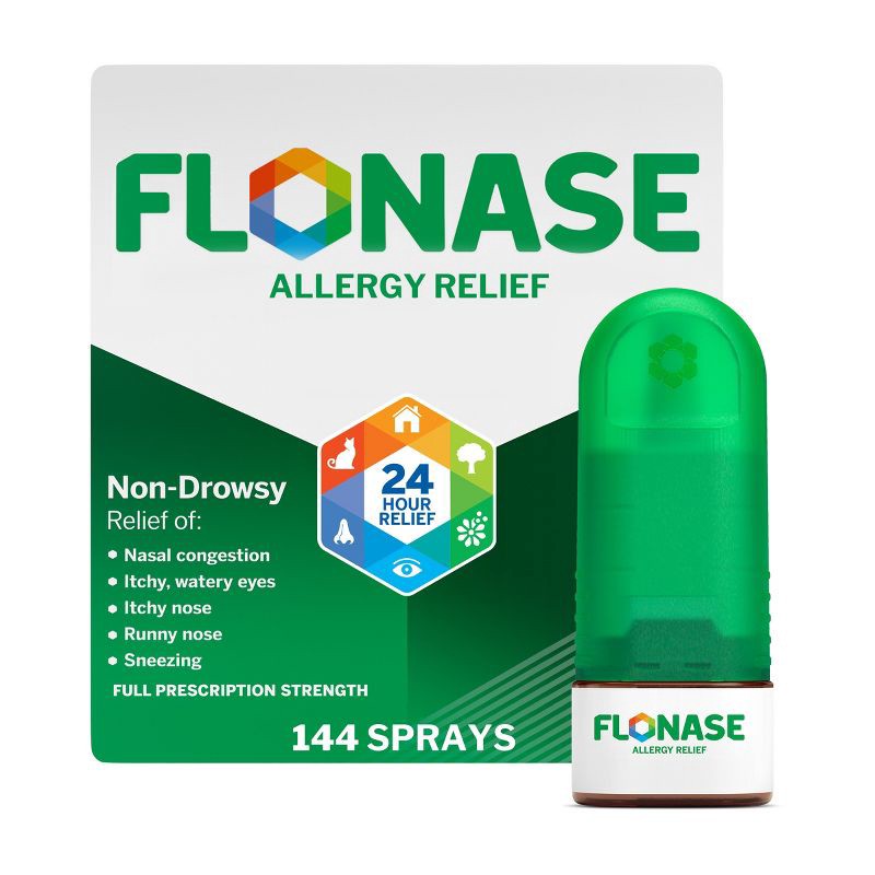 slide 1 of 9, Flonase Allergy Relief Nasal Spray - Fluticasone Propionate - 144ct/0.62 fl oz, 144 ct, 0.62 fl oz