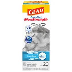 Glad ForceFlex MaxStrength Tall Kitchen Drawstring Trash Bags, 13 Gallon, Fresh Clean Scent with Febreze Freshness, 20 Count