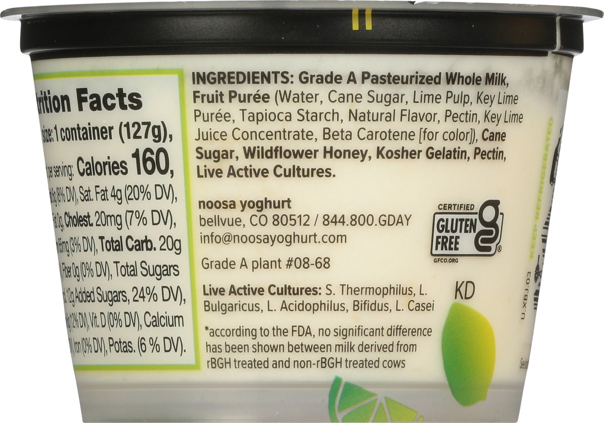 slide 5 of 9, noosa Yoghurt, Key Lime, 4.5 oz, Whole Milk Yogurt, Grade-A Pasteurized, Gluten Free, Probiotic, Made With the Finest Quality Ingredients, 4.5 oz